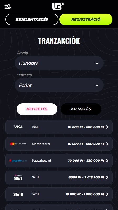 Fizetési módok szakasz a Lunubetn