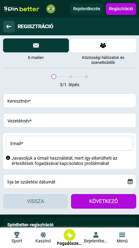 Fiók létrehozása a SpinBettern