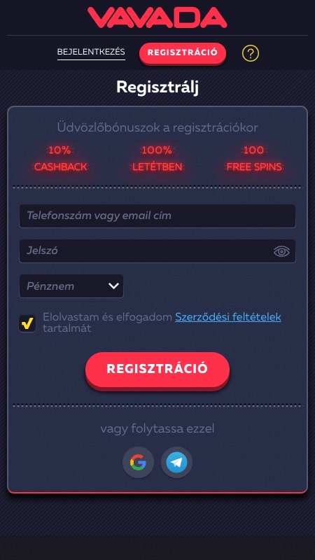 Fiók létrehozása a Vavadan