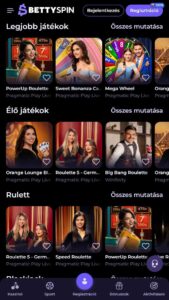 Élő játékok a BettySpin kaszinó Magyarország oldalán