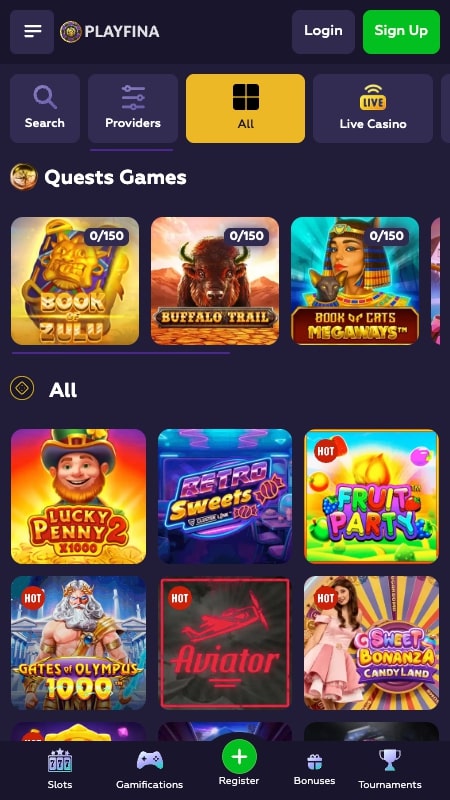 Playfina kaszinó felület