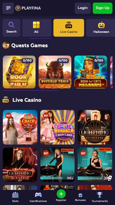 Playfina élő kaszinó felület