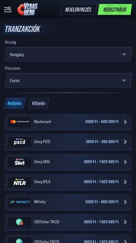 Fizetési módok a VegasHero oldalon